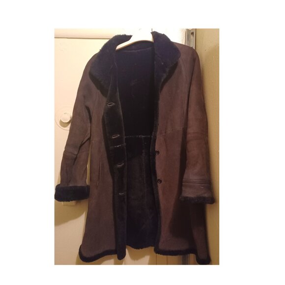 SEARLE DARK BROWN SHEARLING  SUEDE LEATHER COAT SIZE 8 EUC - Picture 1 of 5